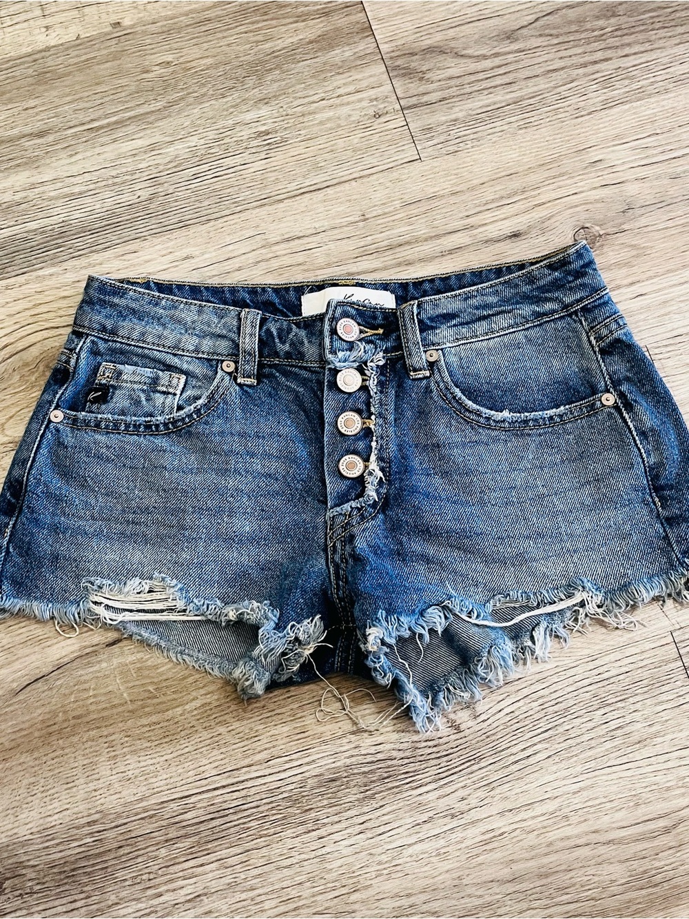 KanCan Frayed Hem Medium Wash Denim Shorts